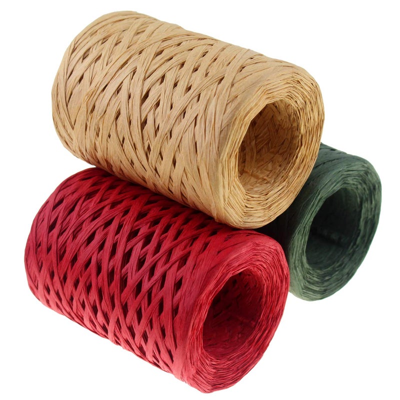 CREATRILL Raffia Ribbon Red Green Natural 3 Rolls 1080 Feet, 360 Feet Each Roll, Paper Twine Wrapping Ribbon for Christmas - Image 1